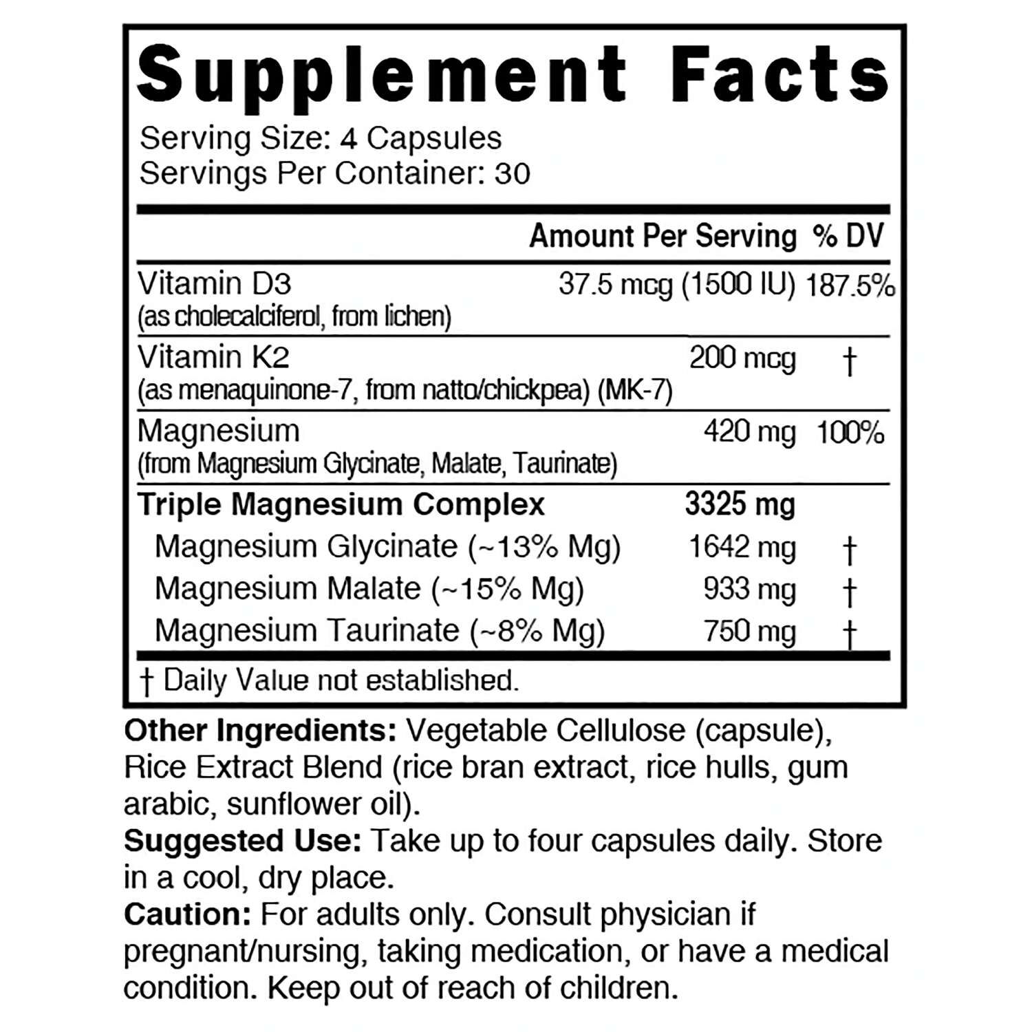 D3 & K2 Triple Magnesium - 120 Vegan Capsules (30 Servings)