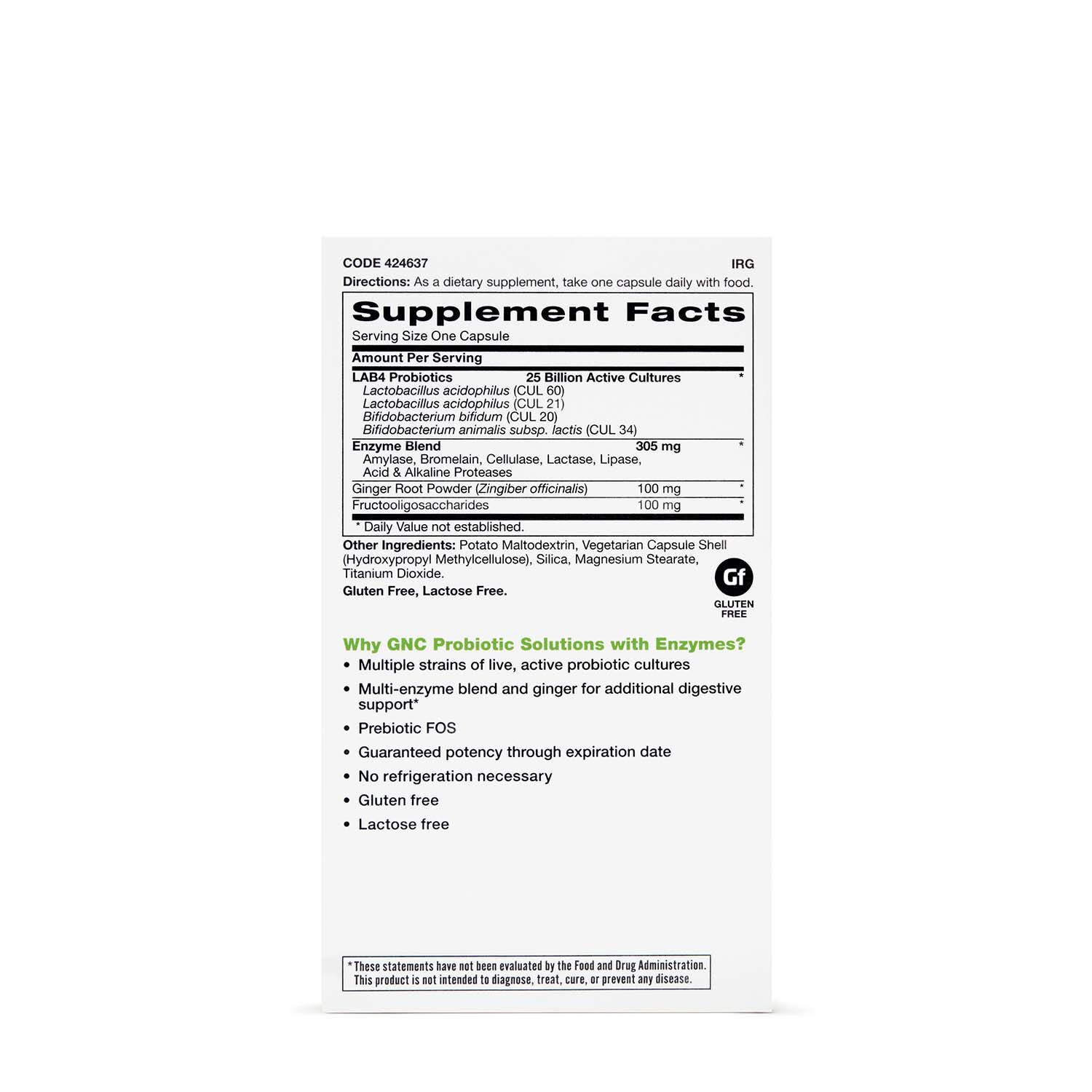 Probiotic Solutions with Enzymes 25 billion CFUs - 60 Capsules (60 Servings)  | GNC