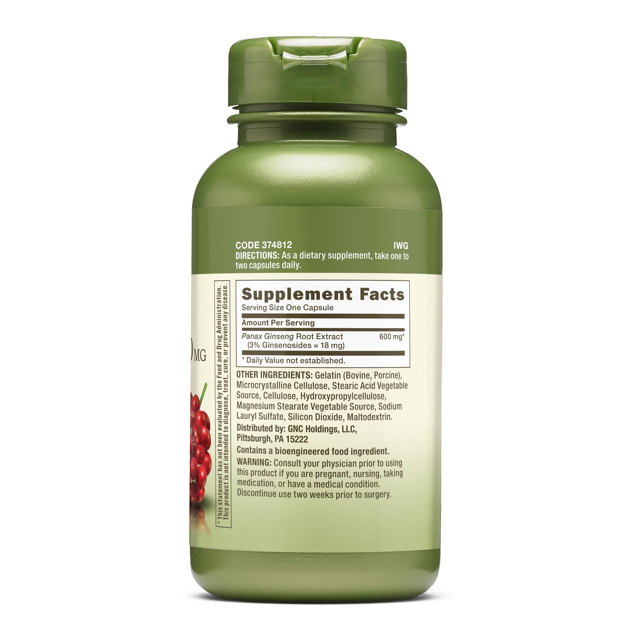 Panax Ginseng 600mg - 100 Capsules (100 Servings)  | GNC