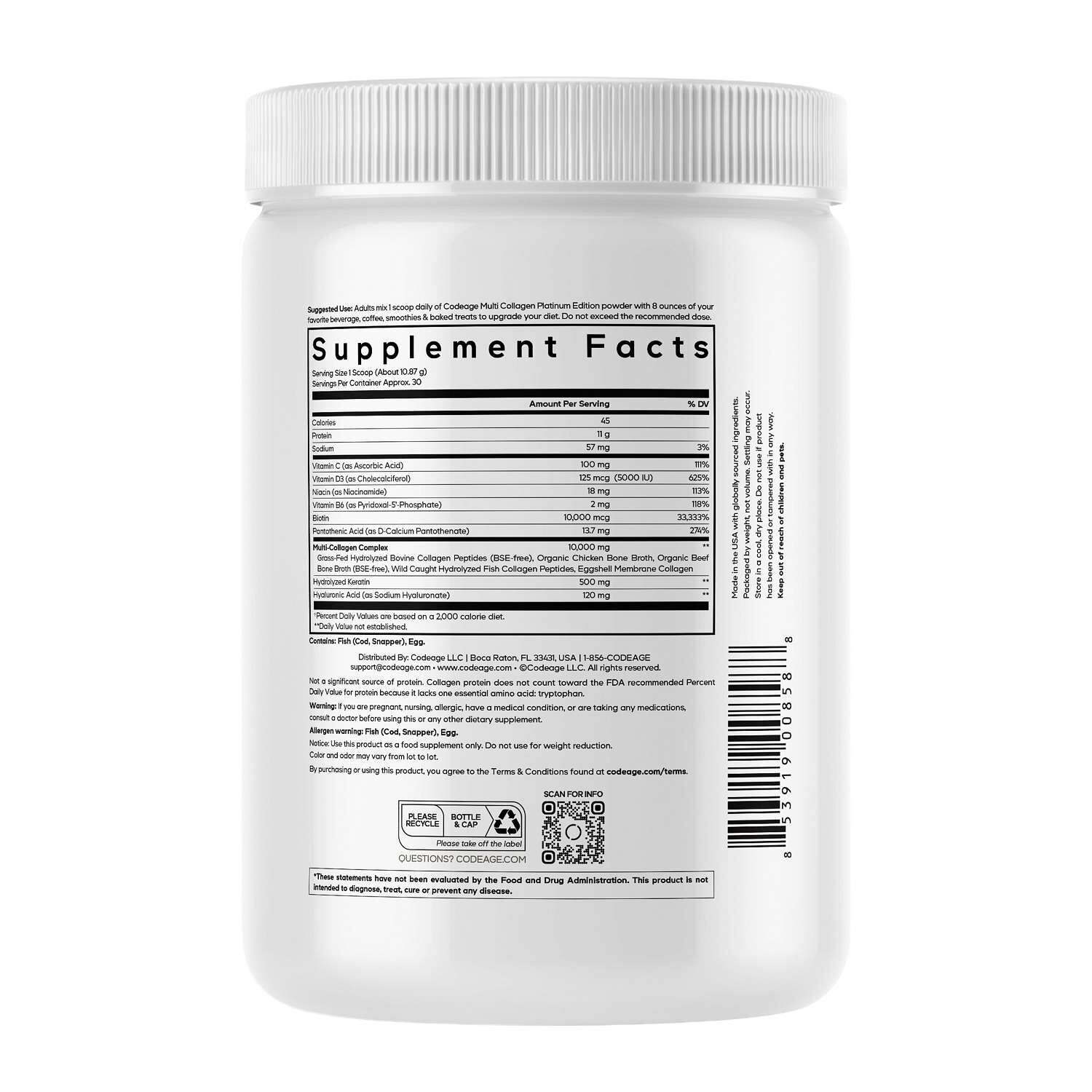 Multi Collagen Peptides Powder Hydrolyzed Collagen + Biotin & Keratin - 11.50 oz. (30 Servings)