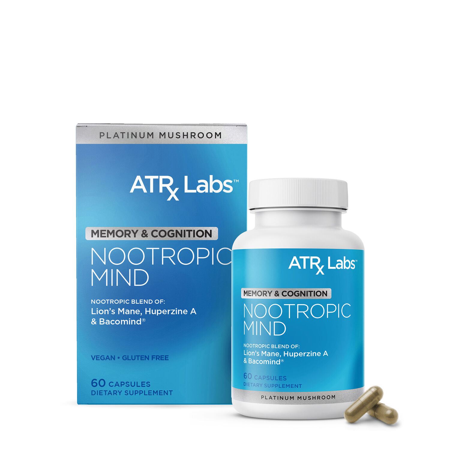 ATRx Labs Nootropic Mind Platinum Mushroom Blend Vegan - 60 Capsules (30 Servings)