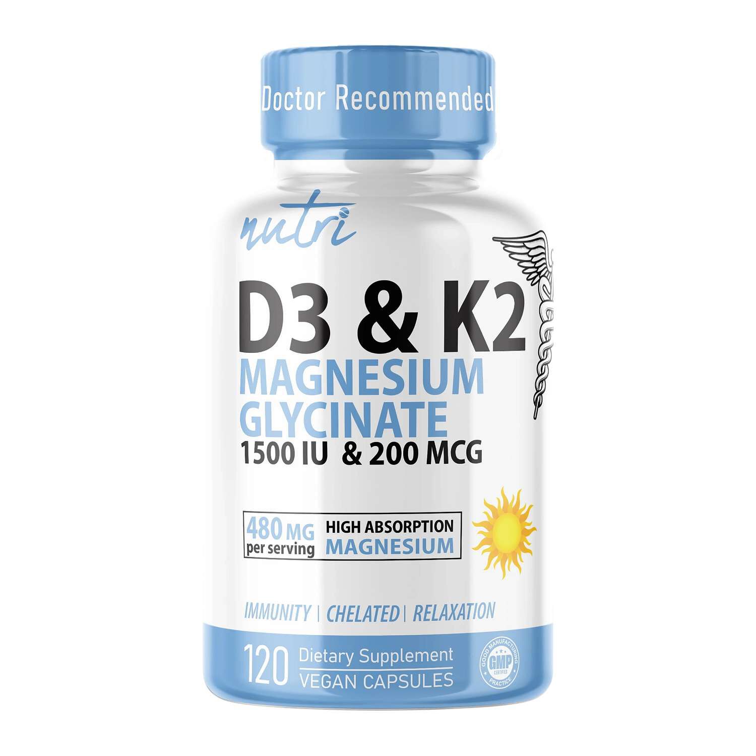 D3 &amp; K2 Magnesium Glycinate - 120 Vegan Capsules (30 Servings)  | GNC