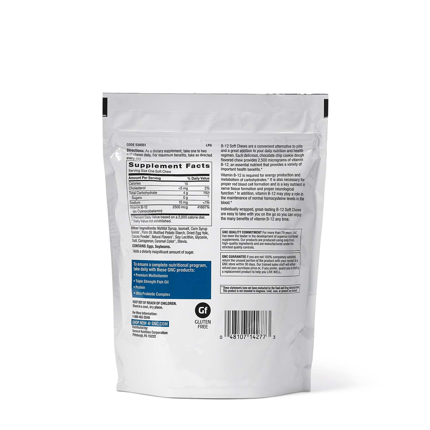 GNC Vitamin B12 Soft Chew 2500 MCG Chocolate Chip Cookie Dough GNC