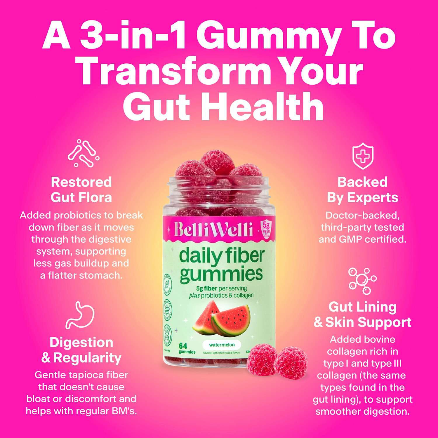 Daily Fiber Gummies - Watermelon - 64 Gummies (16 Servings)
