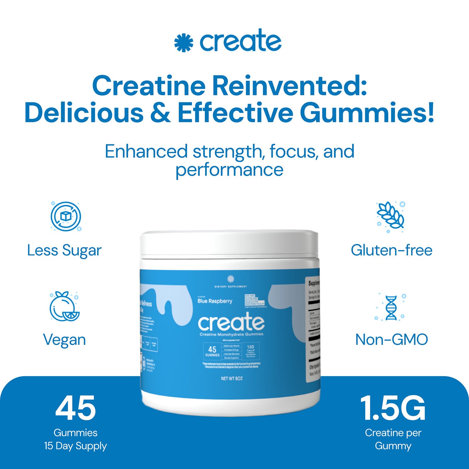 Creatine Monohydrate Gummies - Blue Raspberry 45 (15 Servings)