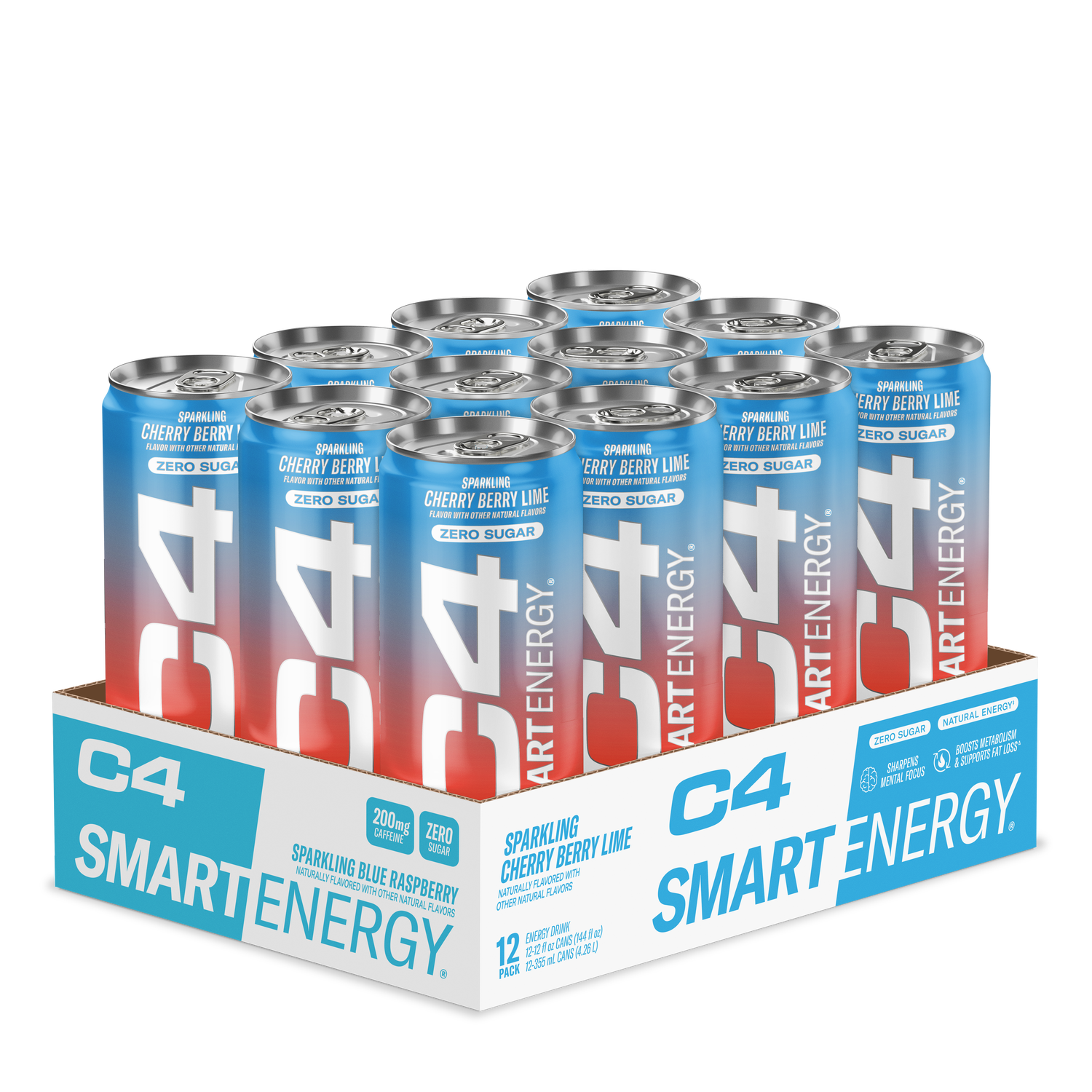 C4 Smart Energy Drink, Cherry Berry Lime, Zero Sugar, Carbonated, Nootropic  Brain Booster, 12 oz, 12 pack 