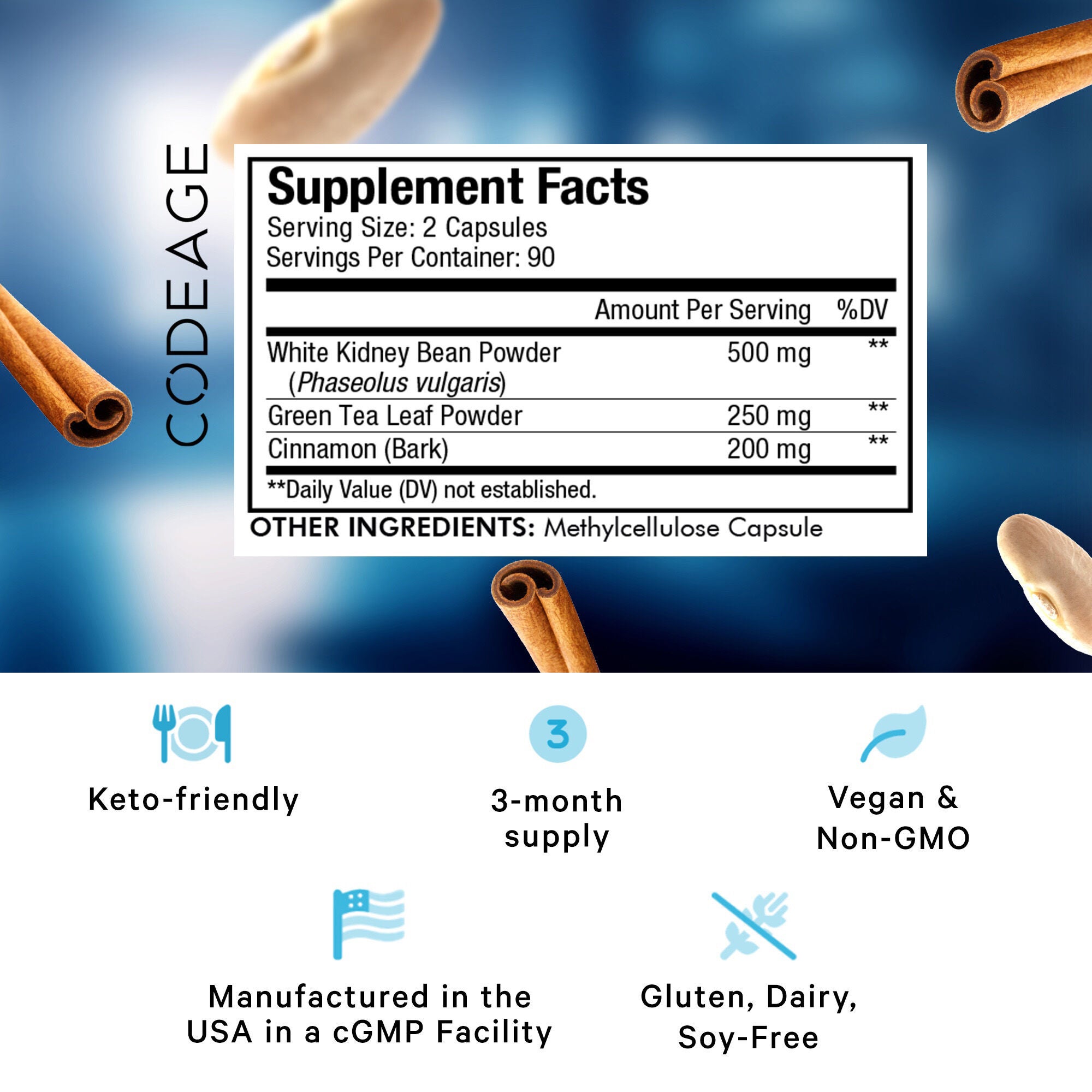 Keto Carb Focus Vegan Carb Blocker White Kidney - Green Tea - Cinnamon - 180 Caupsules &#40;90 Servings&#41;  | GNC