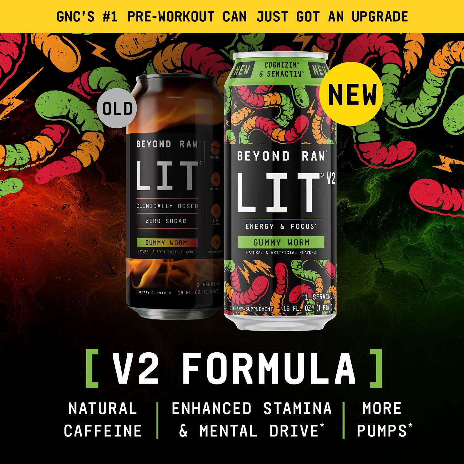 LIT&reg; V2 On-The-Go Pre-Workout - Gummy Worm - 16oz. (12 Cans) Gummy Worm | GNC