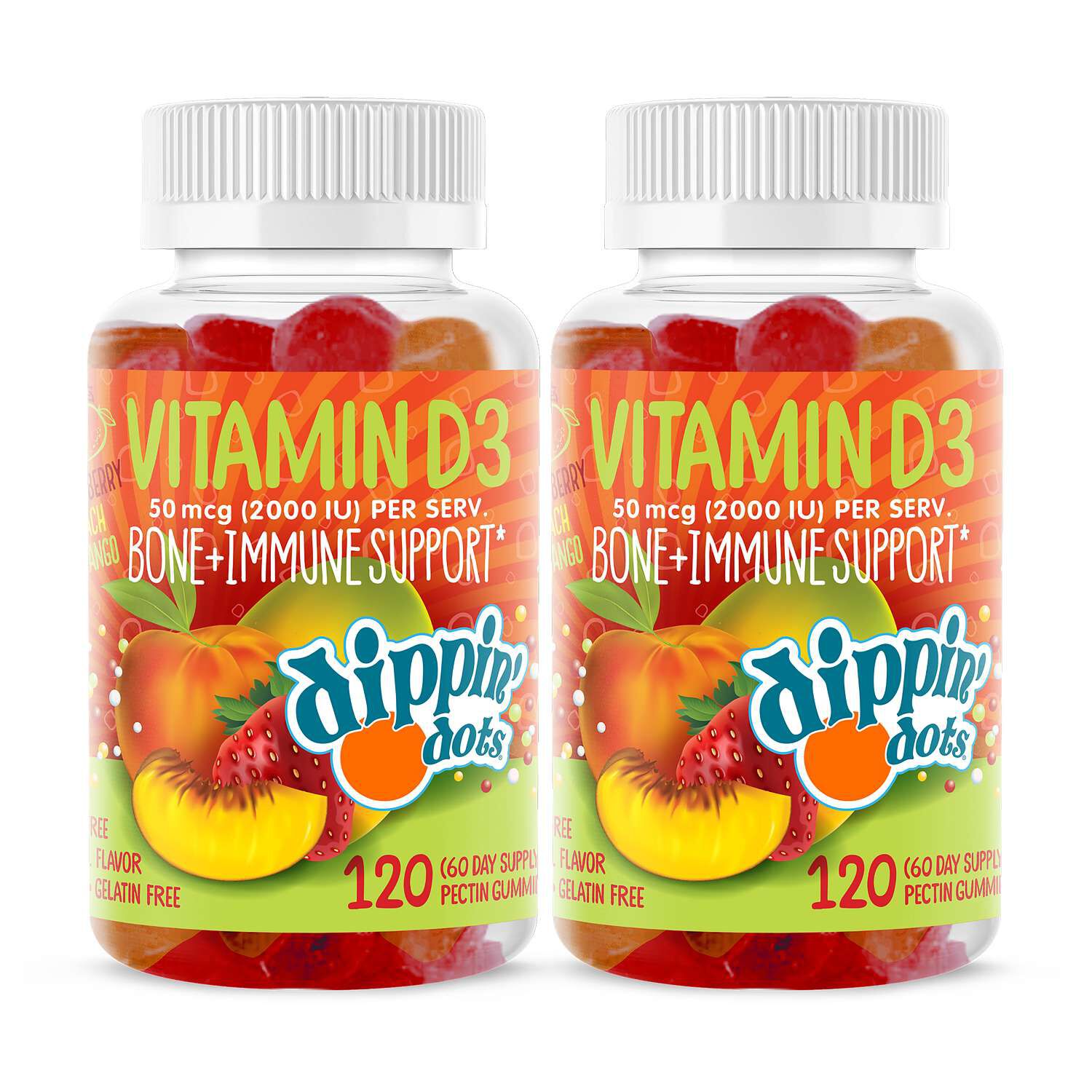 Vitamin D3 50mcg Gummies - Dippin' Dots&reg; Strawberry Peach Mango - Twin Pack (60 Servings Each)