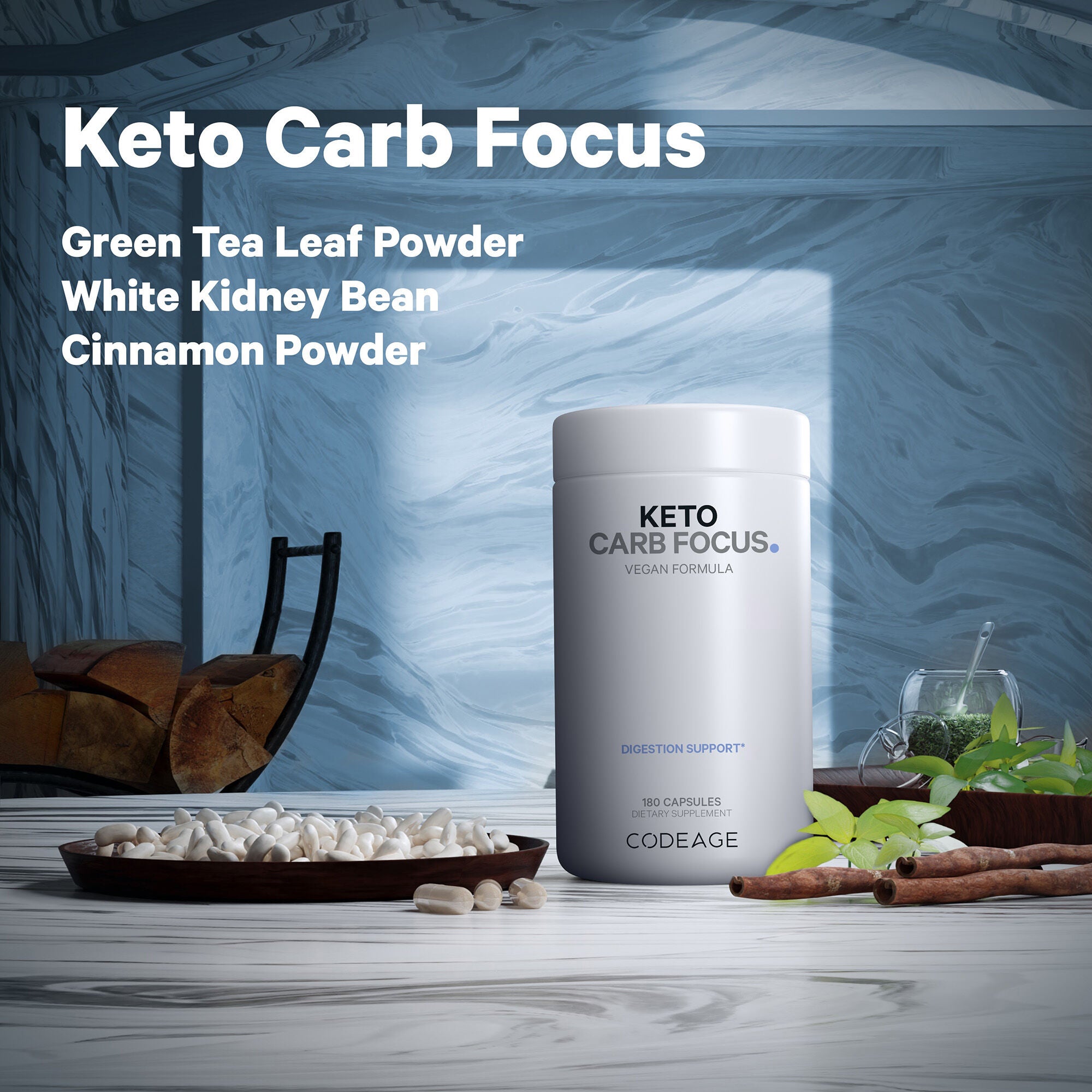 Keto Carb Focus Vegan Carb Blocker White Kidney - Green Tea - Cinnamon - 180 Caupsules (90 Servings)