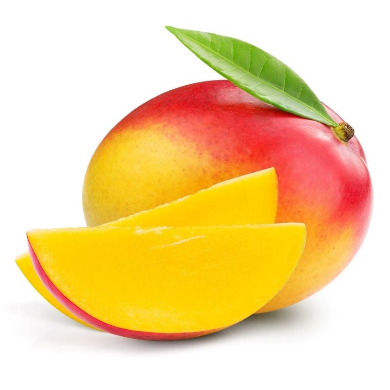 A mango, with two slices of mango next to it.