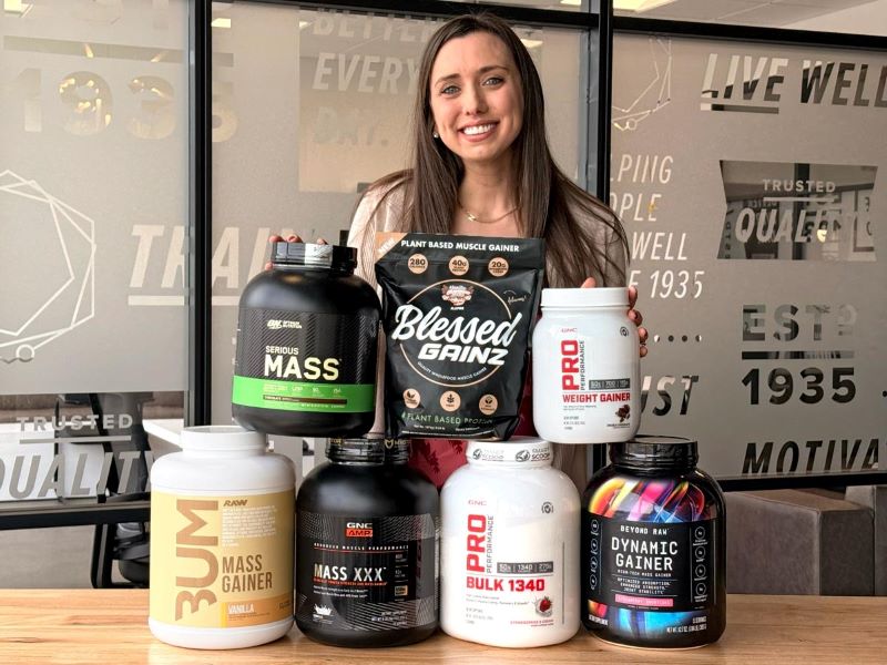 Mary Milstead with a stack of her top picks for best mass gainers!