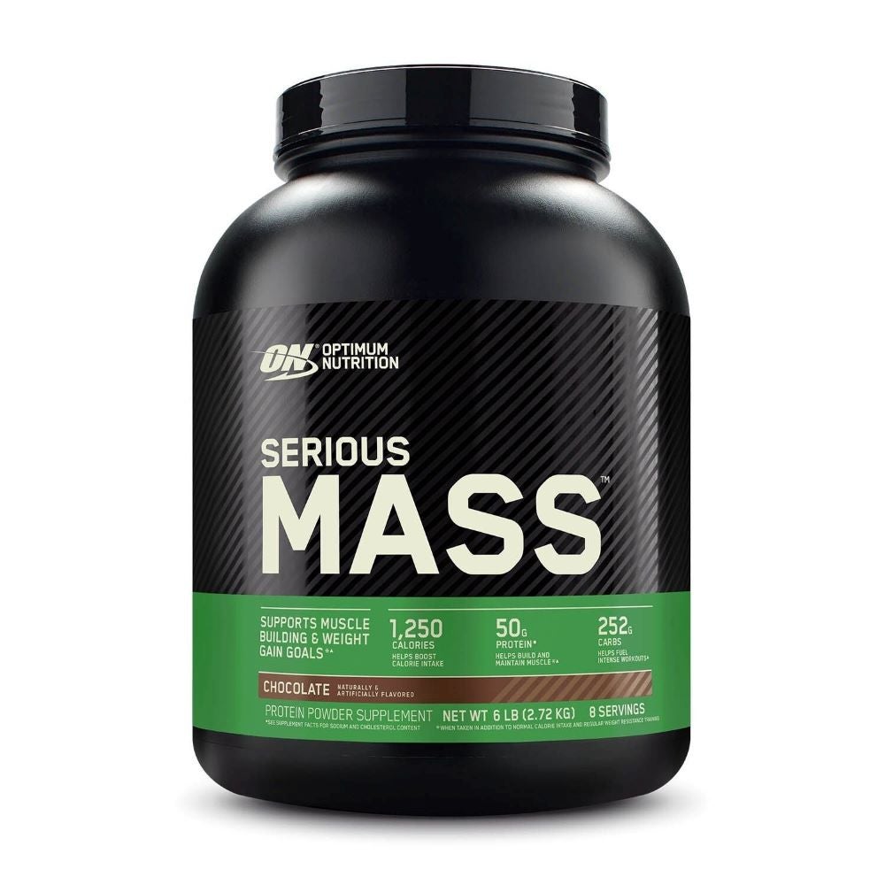 Black and green tub of ON Serious Mass protein powder.