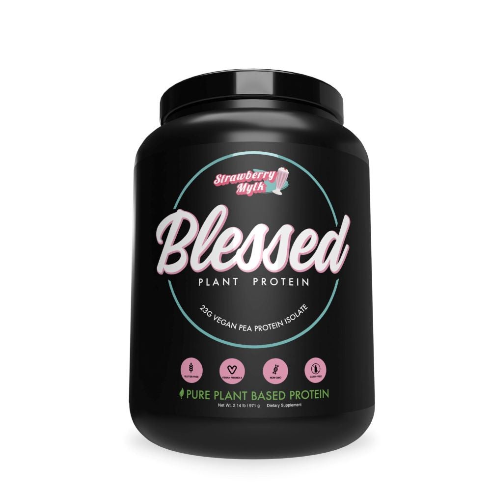 Black tub of Blessed Plant Protein Powder - Strawberry Mylk protein powder.