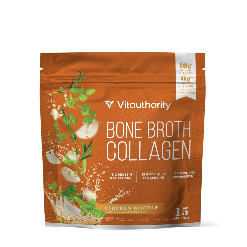 Brown bag of Vitauthority Bone Broth Collagen - Chicken Noodle protein powder with collagen.
