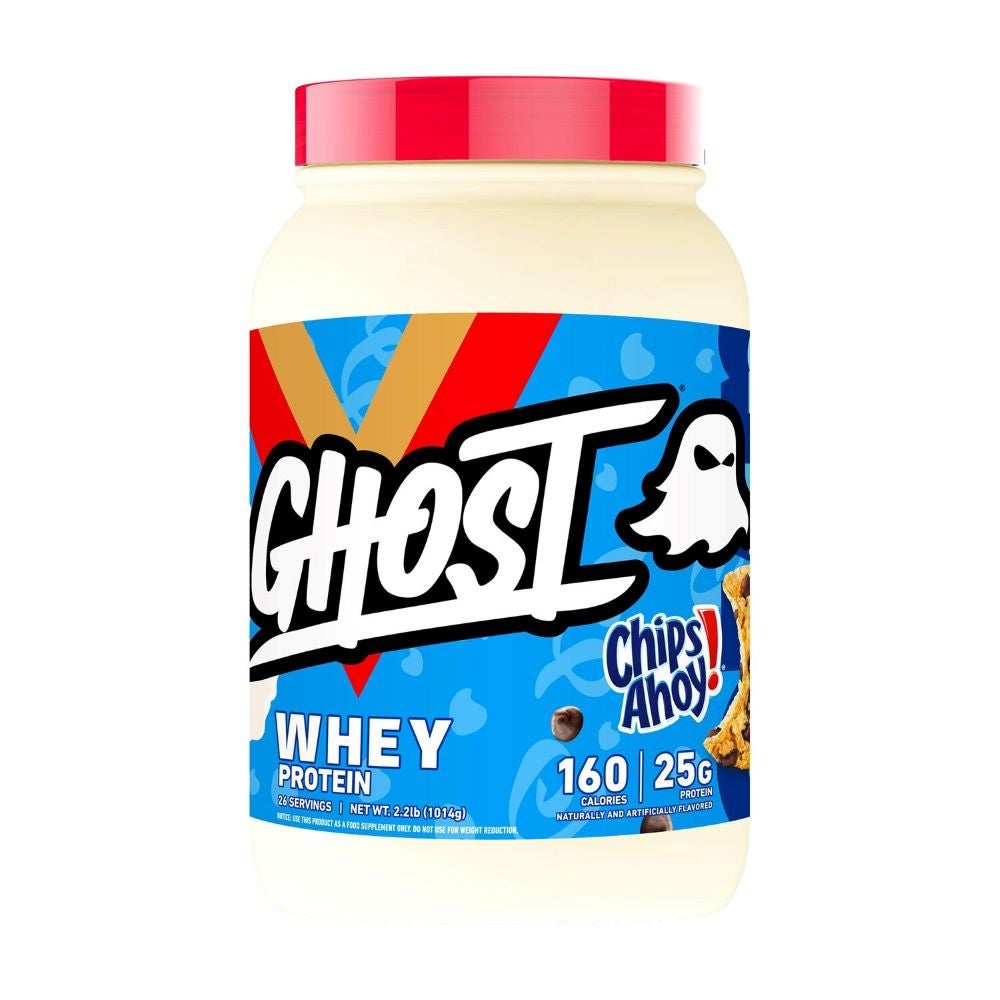 Blue tub of GHOST® WHEY - Chips Ahoy!® protein powder.