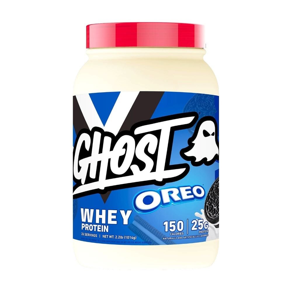 White and blue tub of Ghost Oreo flavored protein powder.