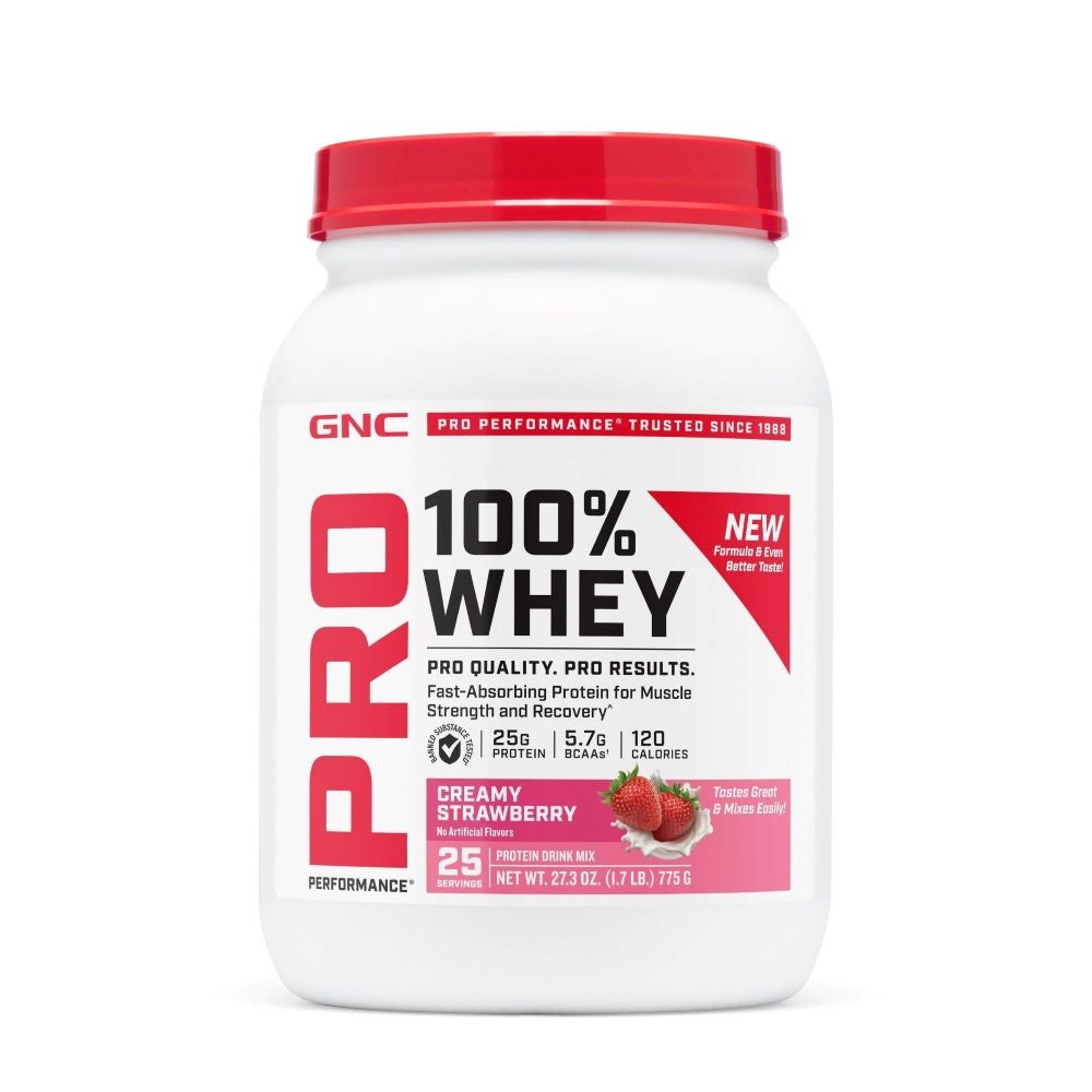 White and red tub of GNC Pro Performance 100% Whey protein powder.