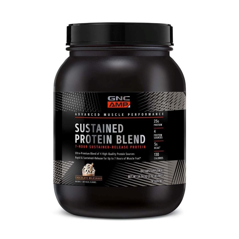 Black tub of AMP Sustained Protein Blend protein powder.