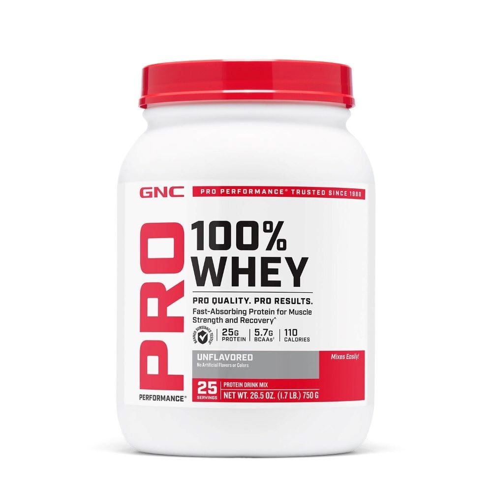 Red and white tub of unflavored GNC Pro Performance® 100% Whey 2.0 protein powder.