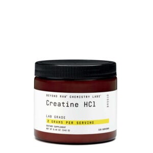 Brown jar with white label of Beyond Raw Creatine HCI powder.