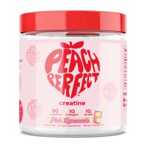 Pink and red tub of Peach Perfect's creatine monohydrate powder.