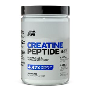 Silver, black and blue tub of Muscletec Creatine Peptide powder.