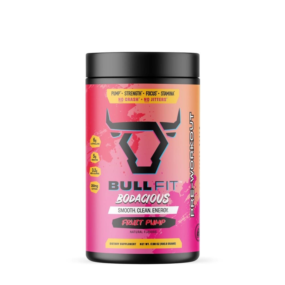 Pink tub of BullFit Bodacious Pre-workout powder.