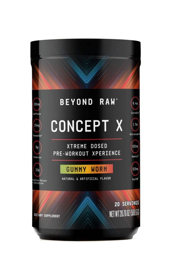 Black tub of GNC Beyond Raw Concept X pre-workout.