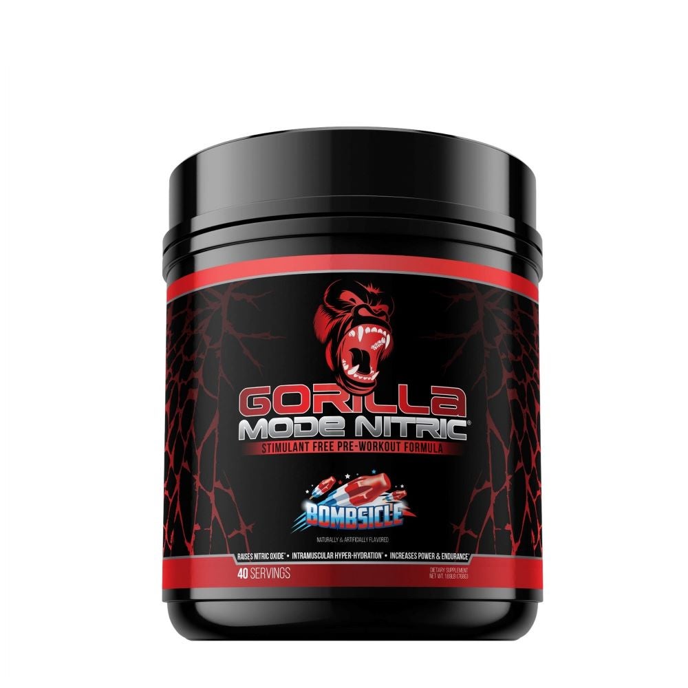 Black an red tub of stimulant free preworkout Gorilla Mode Nitric.