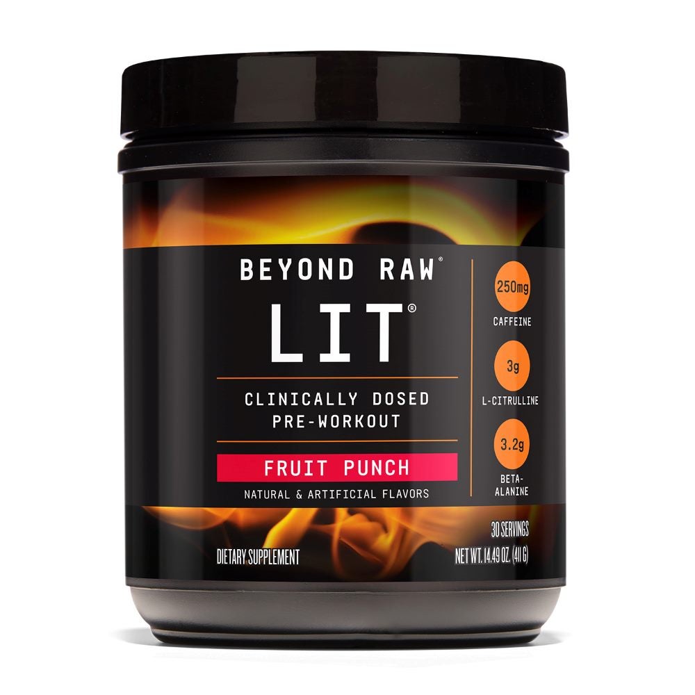 Tub of GNC's Beyond Raw LIt pre-workout, fruit punch flavor.