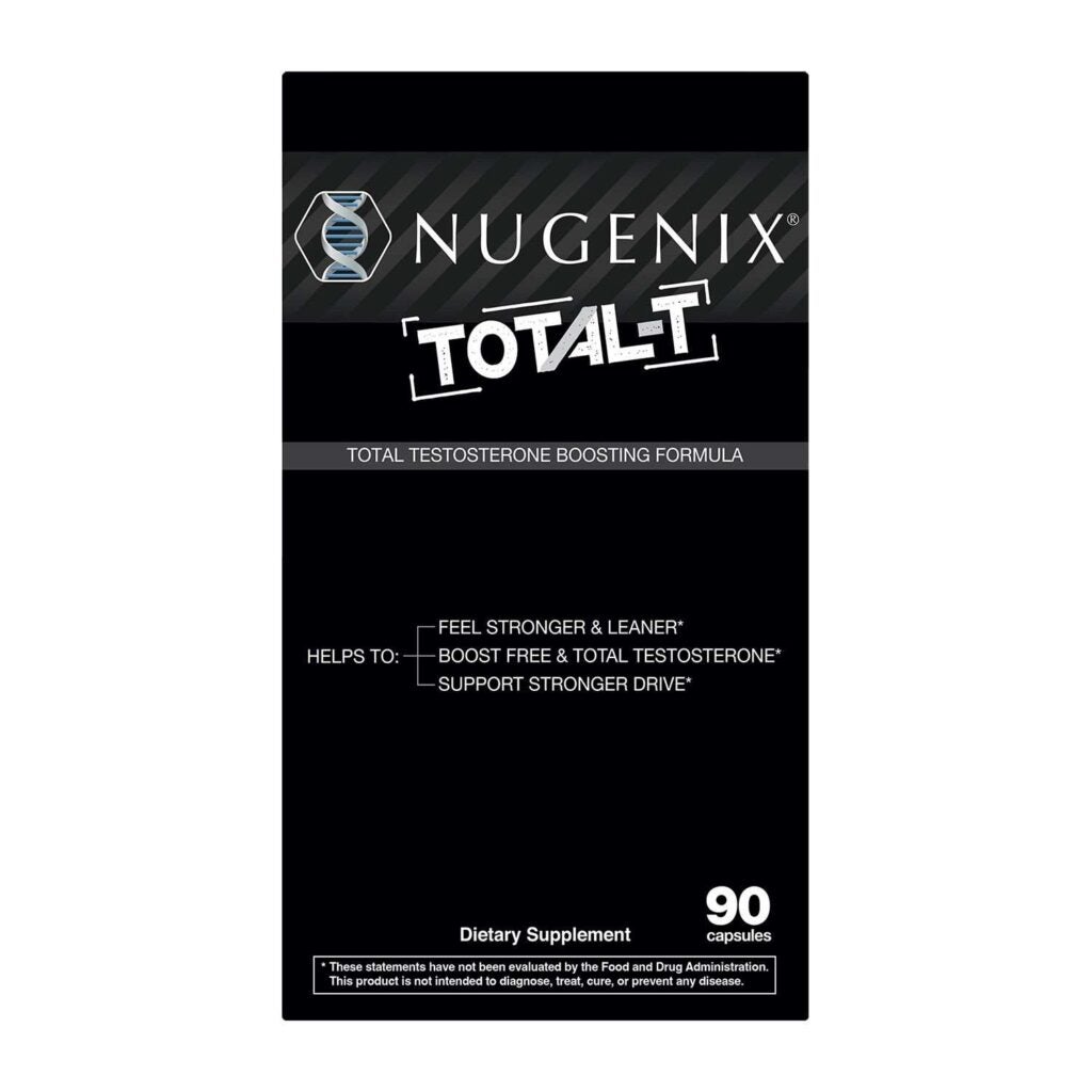 Nugenix Total T black 90 ct carton with white lettering.