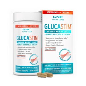 A bottle of GlucaStim next to its box.