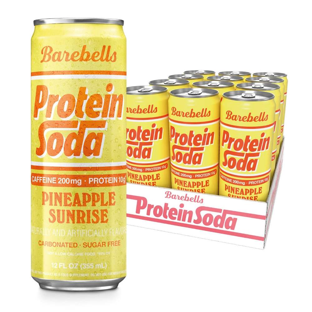 Barbells protein soda can yellow with red letters.