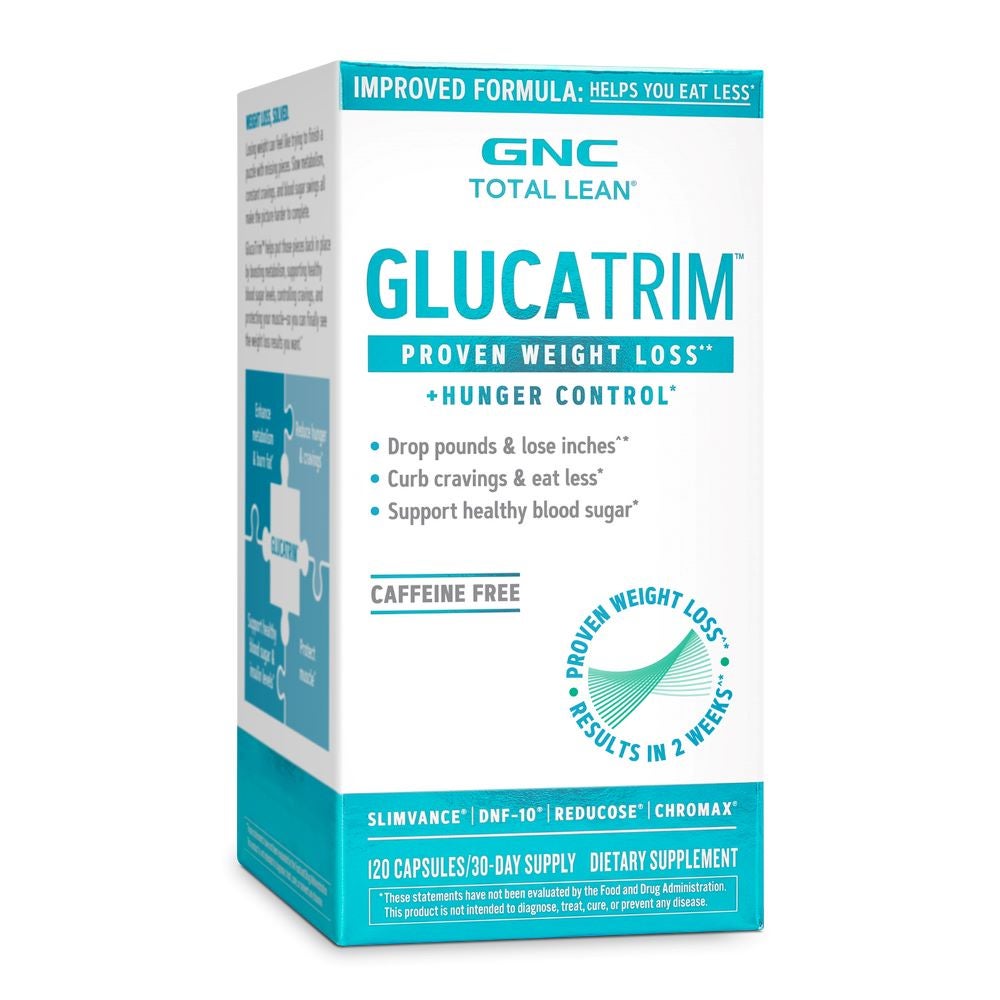 Teal and white GNC Total Lean Glucatrim box.