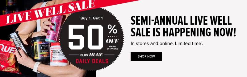 GNC Live Well Sale Banner with BOGO 50% Off Messaging.