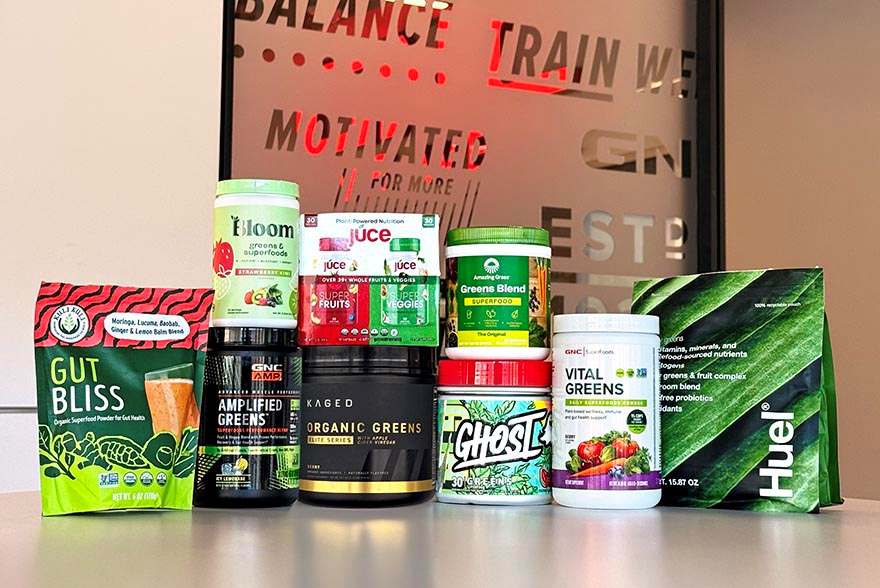 A stacked group of the best greens powders and supplements.