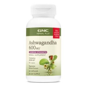White bottle with GNC Ashwagandha supplements.