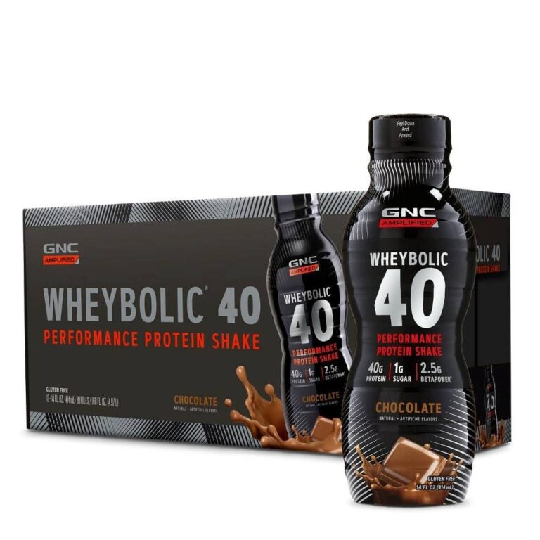Black and red box of whebolic 40 protein shake in chocolate.