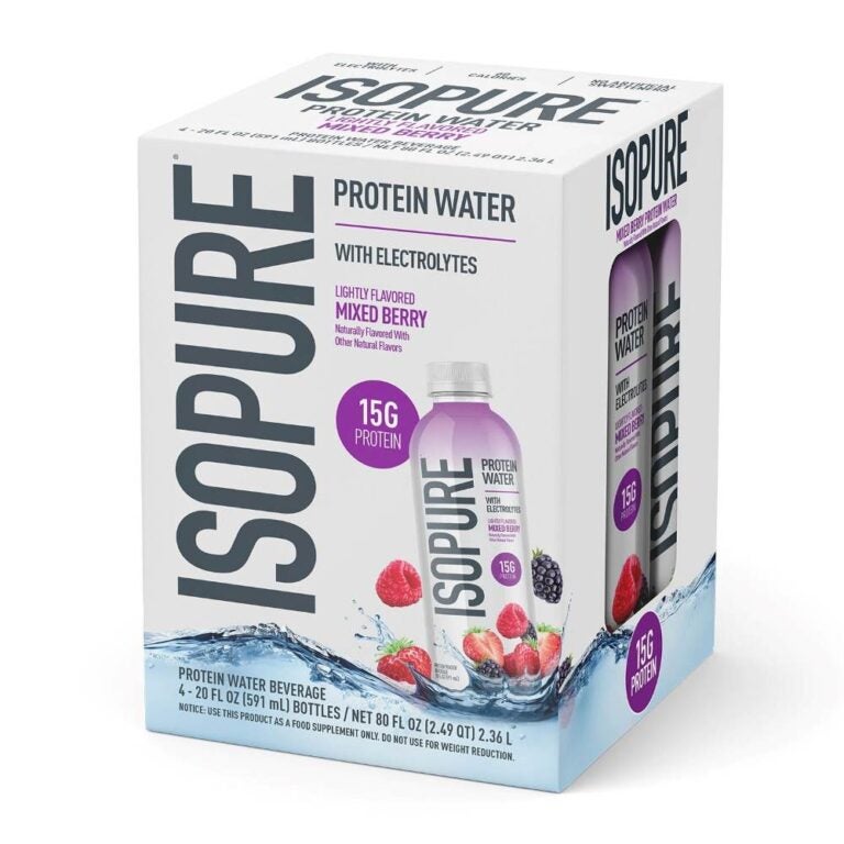 Box of Isopure's protein water drinks.