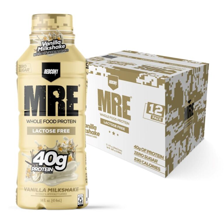 Bottle of Redcon1 MRE protein shake in a tan camo colored bottle.
