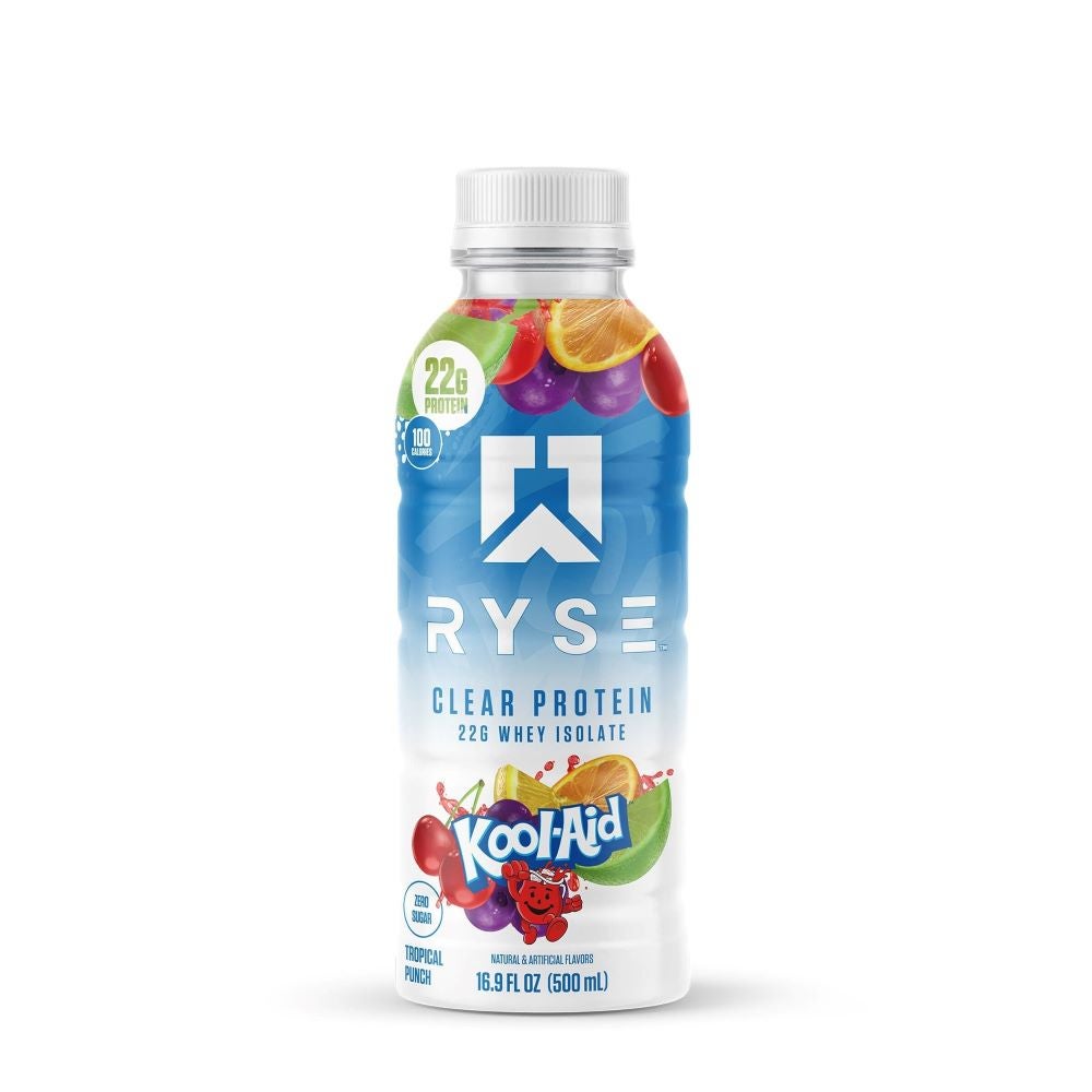 Bottle of Ryse's protein shake, flavor coolaid.
