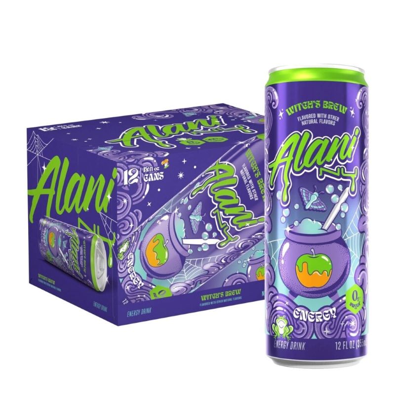 A can and a 12 pack of Alani Nu Witches Brew energy drink.