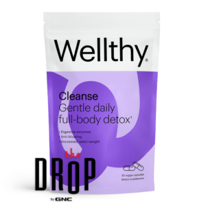 Wellthy Cleanse 3-in-1 detox supplement with The Drop by GNC logo