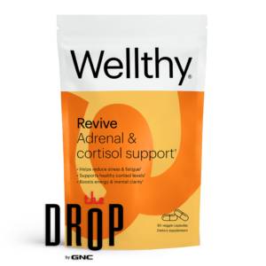 Wellthy Revive stress and adrenal support supplement with The Drop by GNC logo