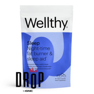 Wellthy Sleep dual-action sleep and metabolism support supplement with The Drop by GNC logo