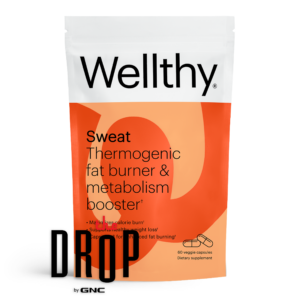 Wellthy Sweat thermogenic metabolism supplement with The Drop by GNC logo