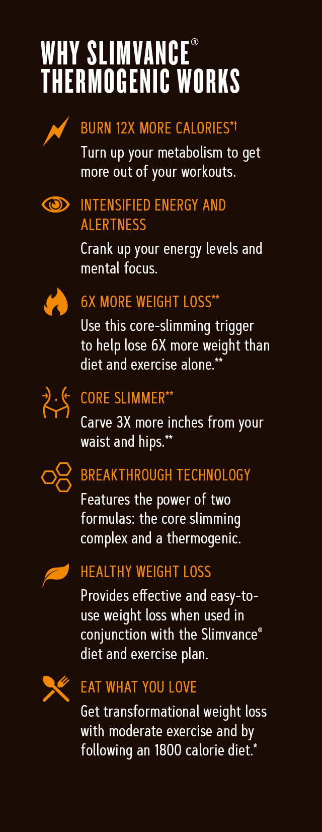 The Slimvance Secret: Body-slimming herbs. For thousands of years, Ayurvedic sages used in natural herbs for all kinds of health issues, including weight control. After years of researching effective natural Indian botanicals, Slimvance's patented blend of Turmeric, Morniga and Curry Leaves was developed