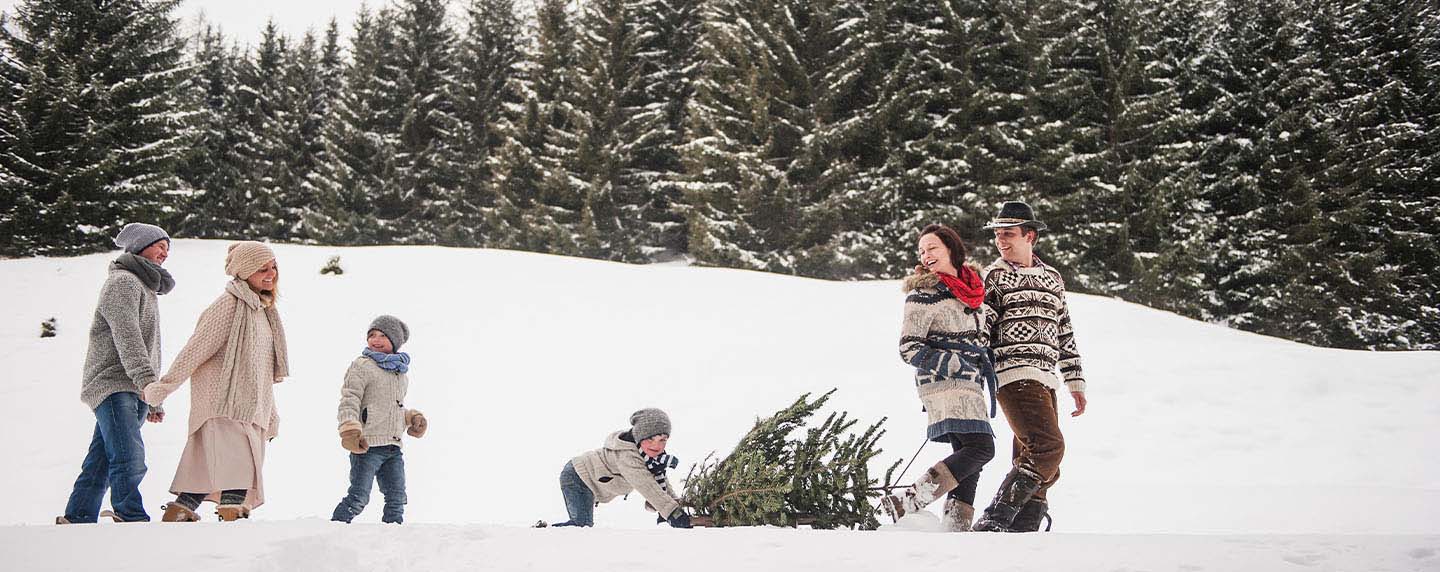 Family walking through snow with freshly cut Christmas tree